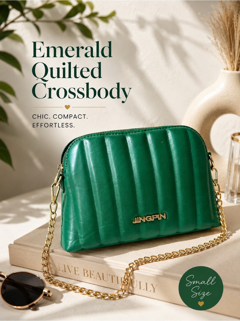 Emerald Green Quilted Crossbody Bag Gold Chain Small Chic Shoulder Purse